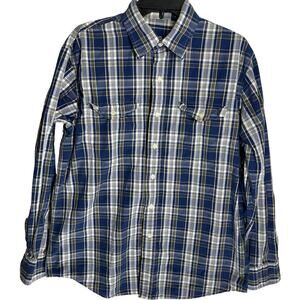 IZOD Shirt Men Size M Blue Plaid Button Up Long Sleeve Pocket 100% Cotton Casual